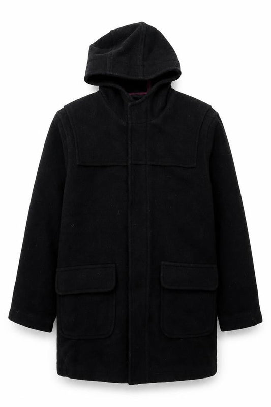 Front view of Red Herring men’s black overcoat coat, size M, zip
