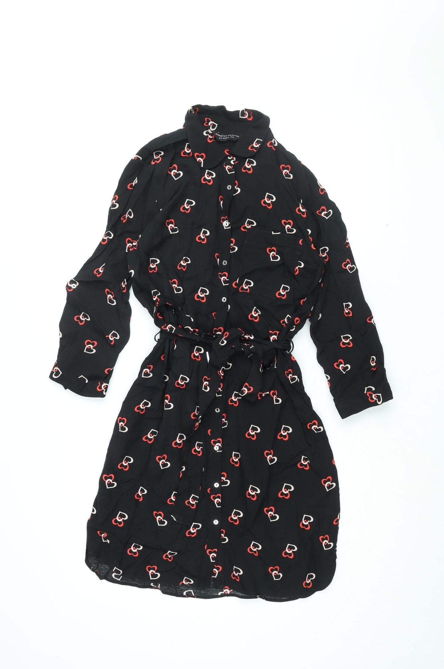 Dorothy Perkins Womens Black Geometric Viscose Shirt Dress Size 12 Collared Button - Belted, Heart Print