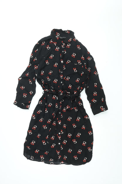 Dorothy Perkins Womens Black Geometric Viscose Shirt Dress Size 12 Collared Button - Belted, Heart Print