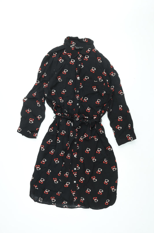 Dorothy Perkins Womens Black Geometric Viscose Shirt Dress Size 12 Collared Button - Belted, Heart Print