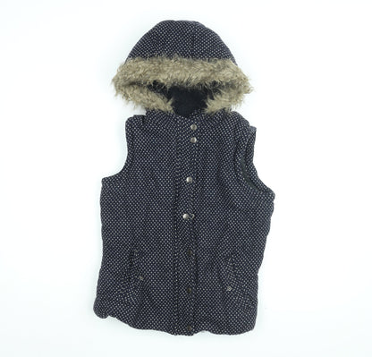 By Henry Holland Womens Blue Polka Dot Gilet Coat Size 10 Zip - Faux Fur Hood