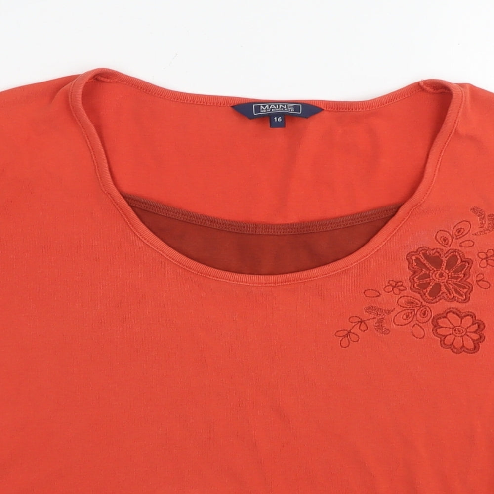 Maine Womens Red Cotton Basic T-Shirt Size 16 Round Neck - Flowers