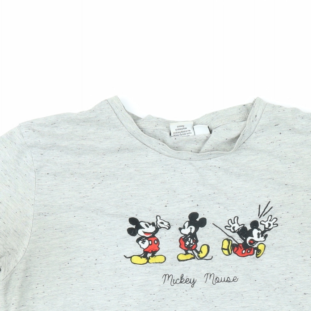 Close-up detail of Mickey Mouse women’s grey cotton basic t-shirt, size L, round neck