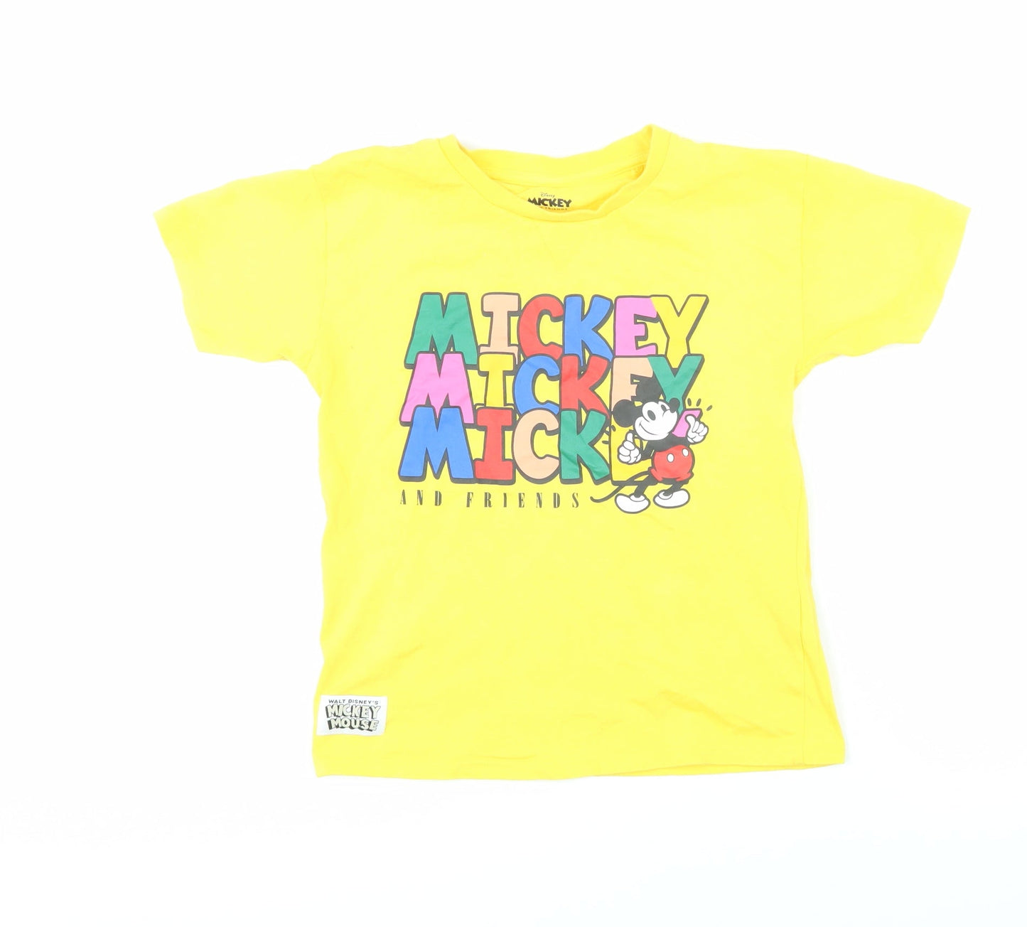 Disney Girls Yellow 100% Cotton Basic T-Shirt Size 7-8 Years Round Neck Pullover - Mickey Mouse & Friends