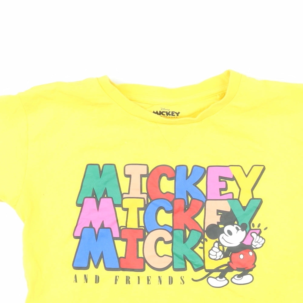 Disney Girls Yellow 100% Cotton Basic T-Shirt Size 7-8 Years Round Neck Pullover - Mickey Mouse & Friends