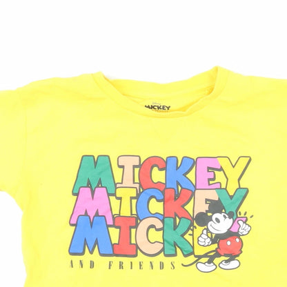 Disney Girls Yellow 100% Cotton Basic T-Shirt Size 7-8 Years Round Neck Pullover - Mickey Mouse & Friends