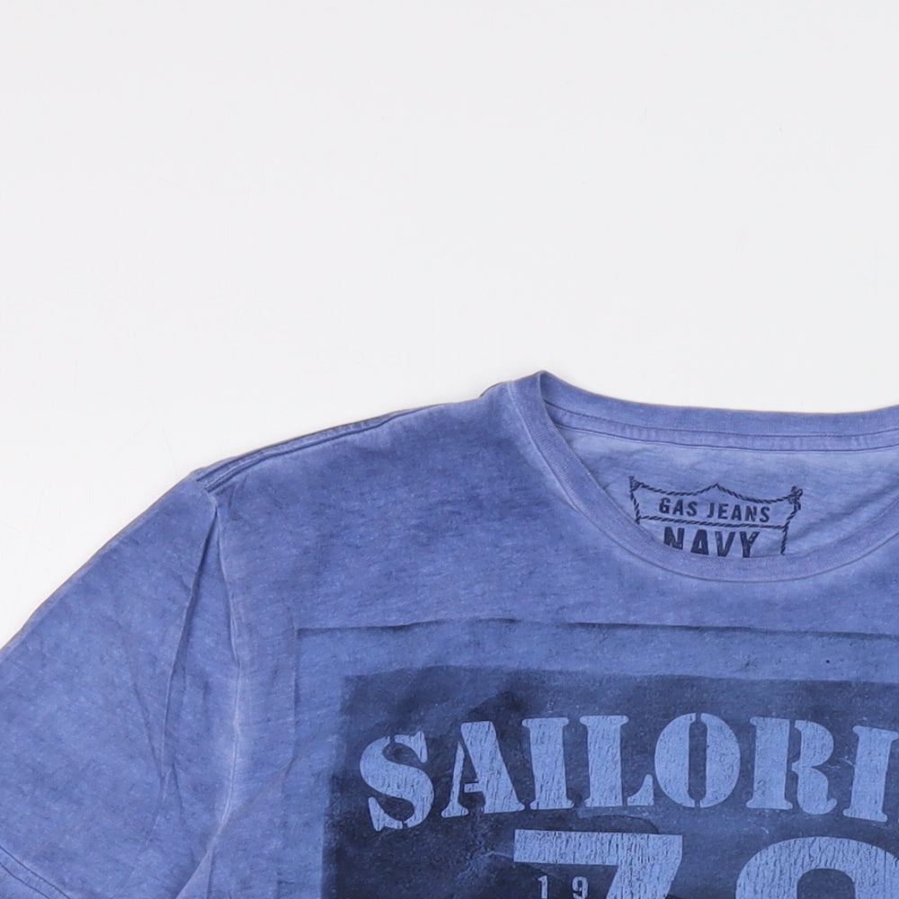 GAS Mens Blue Cotton T-Shirt Size L Crew Neck