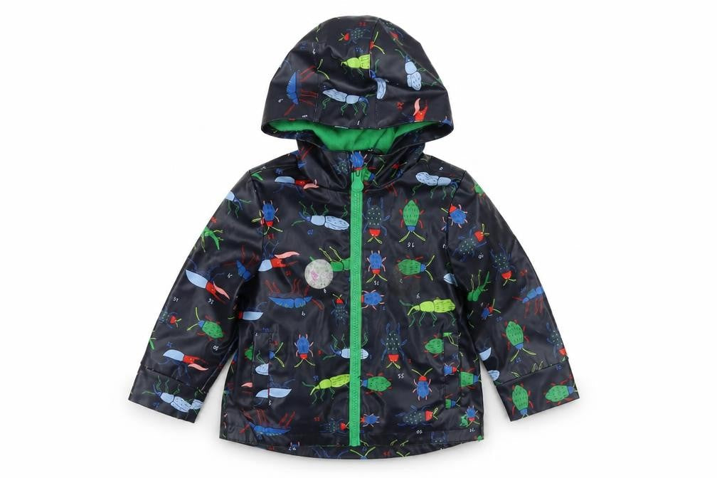Front view of Joues boys’ blue geometric rain coat coat, size 2, years zip