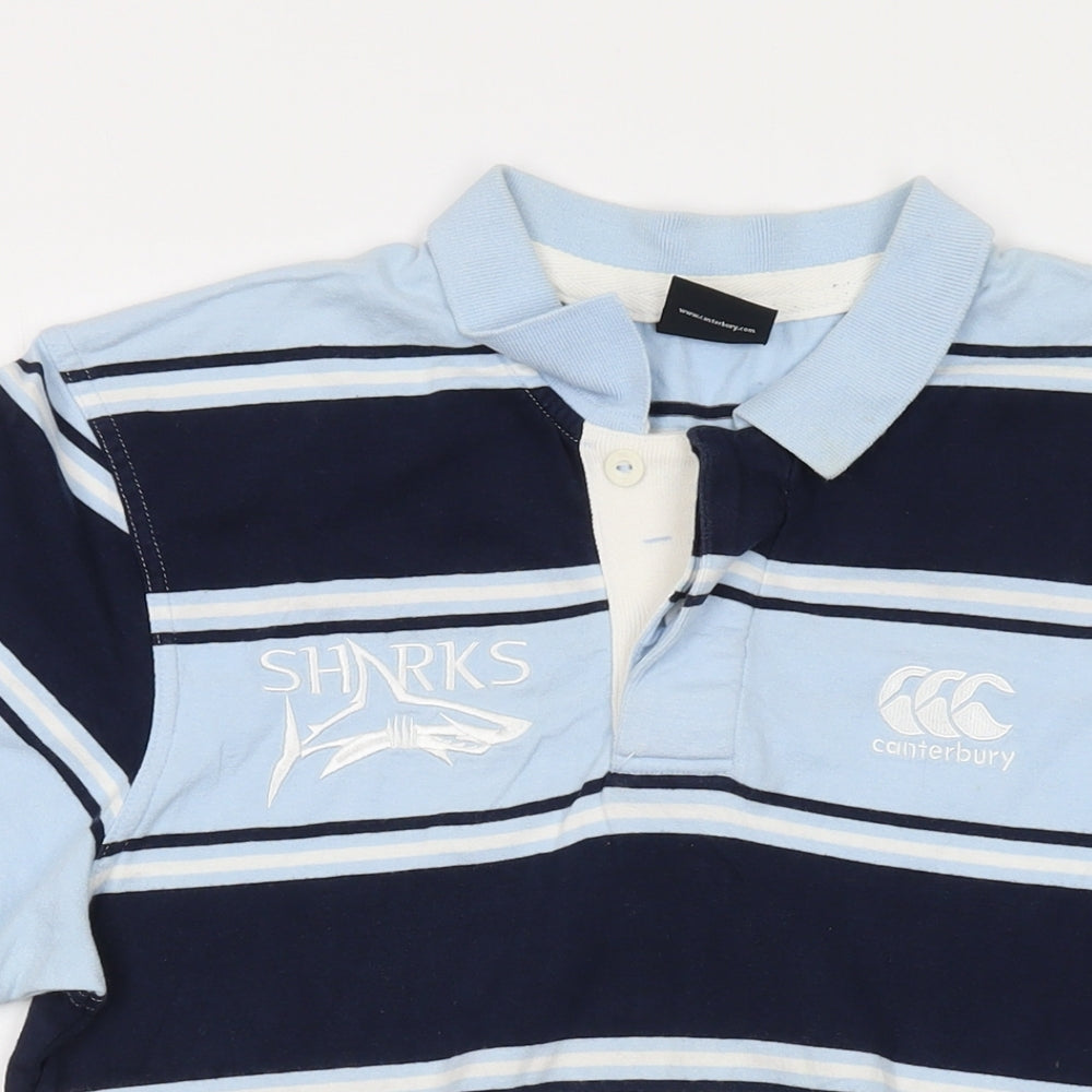Canterbury Mens Blue Striped Cotton Polo Size M Collared Button - Sharks