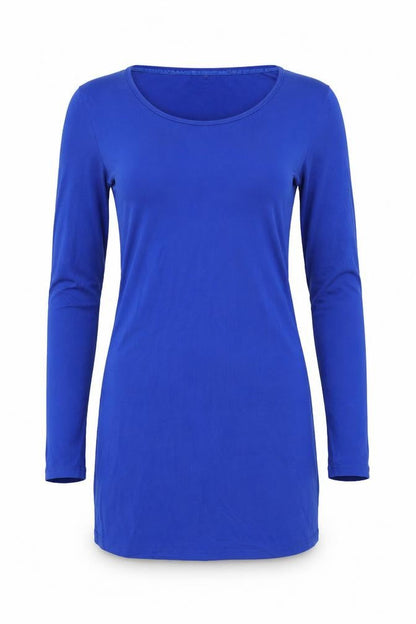 Front view of LTS Basic women’s blue viscose tunic blouse, size M, round neck