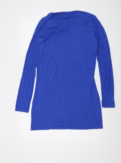 Back view of LTS Basic women’s blue viscose tunic blouse, size M, round neck