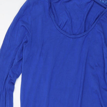 Close-up detail of LTS Basic women’s blue viscose tunic blouse, size M, round neck
