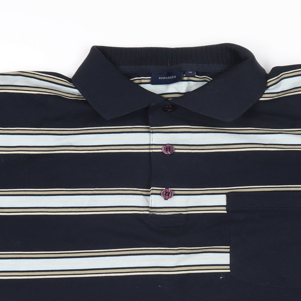 REDGREEN Mens Blue Striped 100% Cotton Polo Size M Collared Button