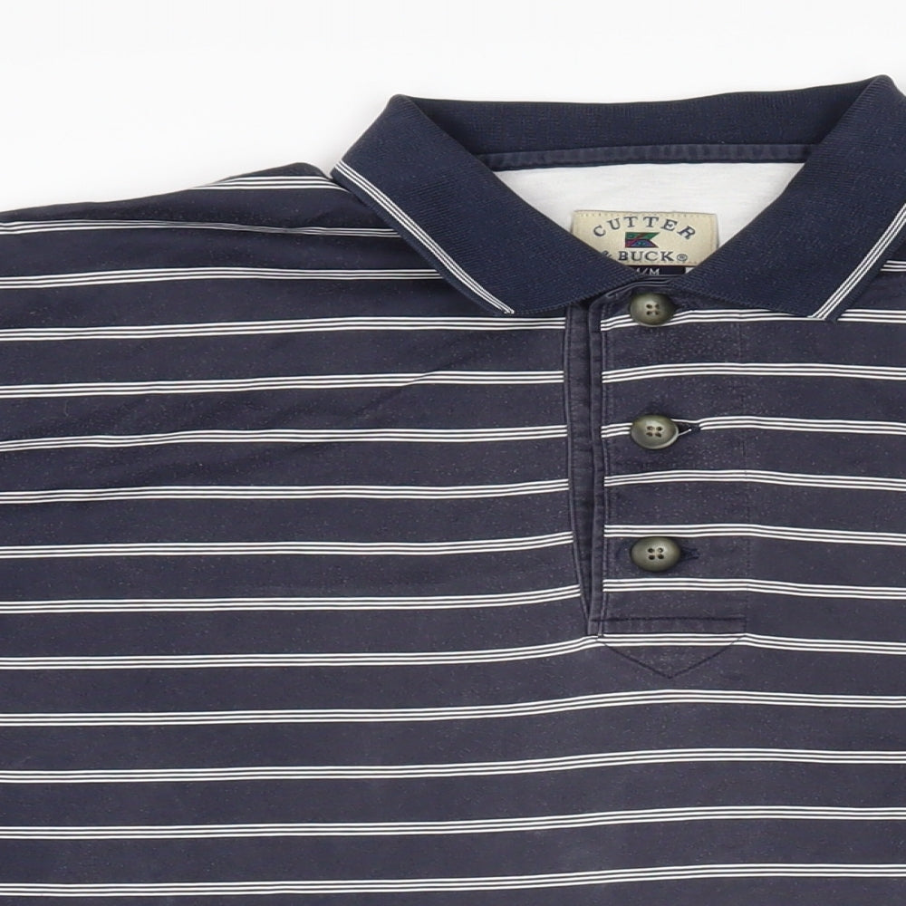 Cutter & Buck Mens Blue Striped 100% Cotton Polo Size M Collared Button
