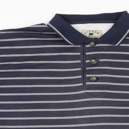 Cutter & Buck Mens Blue Striped 100% Cotton Polo Size M Collared Button