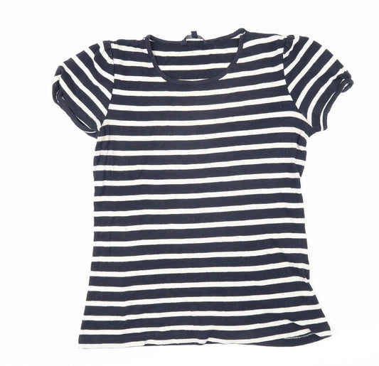 French Connection Womens Blue Striped 100% Cotton Basic T-Shirt Size L Scoop Neck