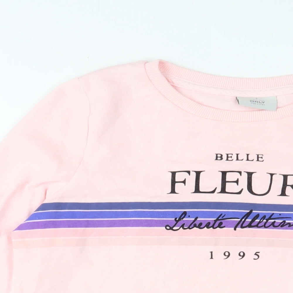 Close-up detail of Only women’s pink cotton pullover sweatshirt, size S, pullover - belle fleur