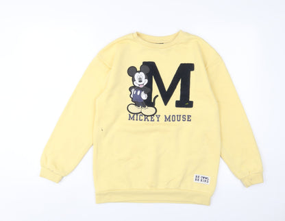 Mickey Mouse Girls Yellow Cotton Pullover Sweatshirt Size 10-11 Years Pullover - Embroidered