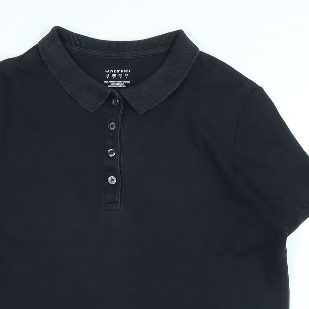 Lands End Womens Black Cotton Basic Polo Size S Collared - Logo