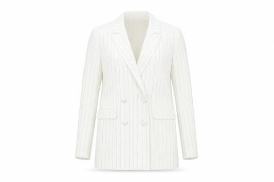 Front view of ICHI women’s white striped jacket blazer, size UK 10, button