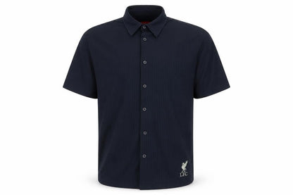 Front view of Liverpool FC men’s blue cotton button-up, size M, collared button