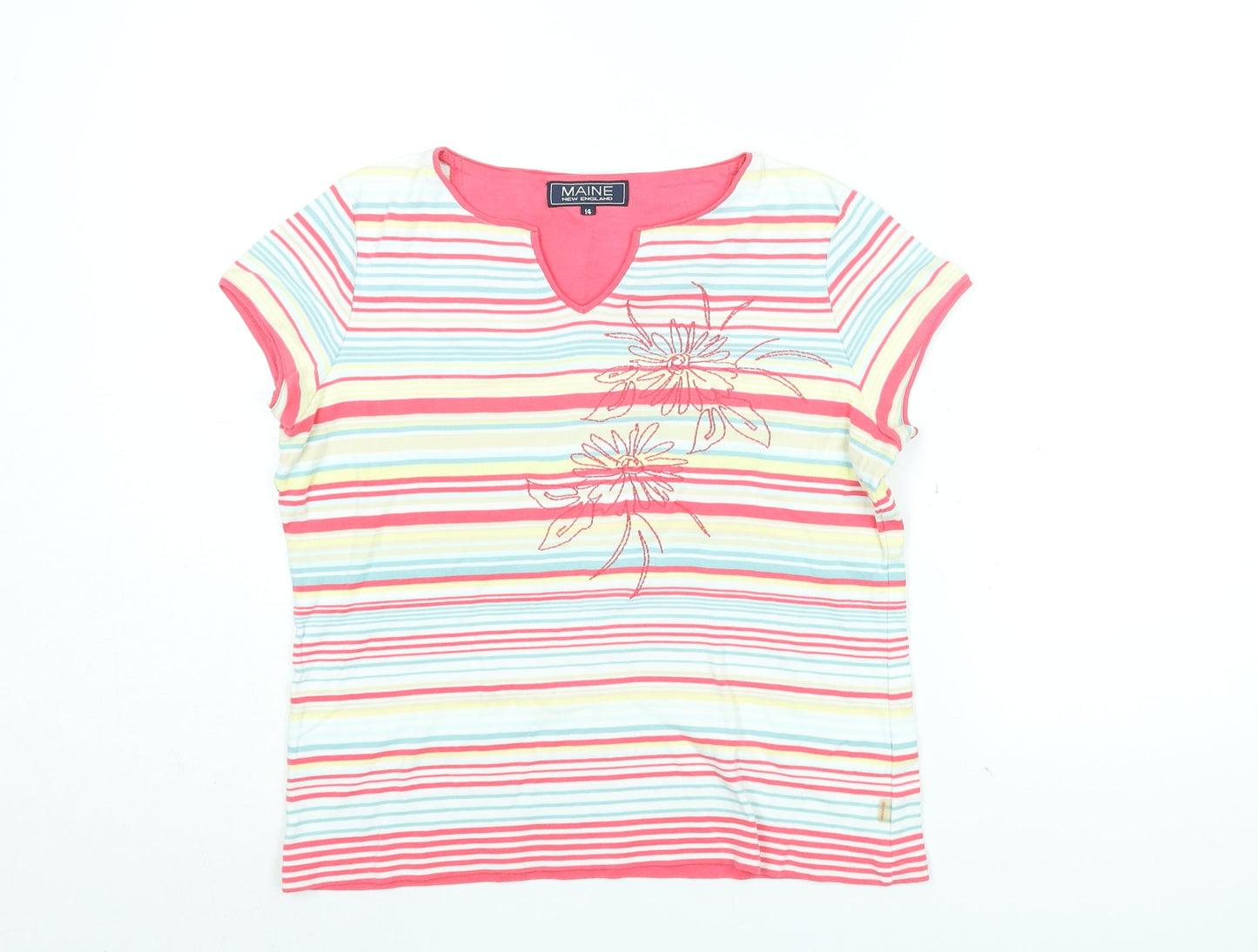 Maine Womens Multicoloured Striped Cotton Basic T-Shirt Size 14 Round Neck - Floral Embroidery