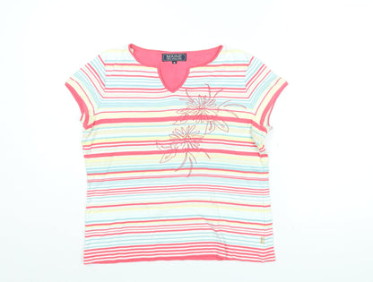 Maine Womens Multicoloured Striped Cotton Basic T-Shirt Size 14 Round Neck - Floral Embroidery