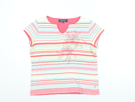 Maine Womens Multicoloured Striped Cotton Basic T-Shirt Size 14 Round Neck - Floral Embroidery