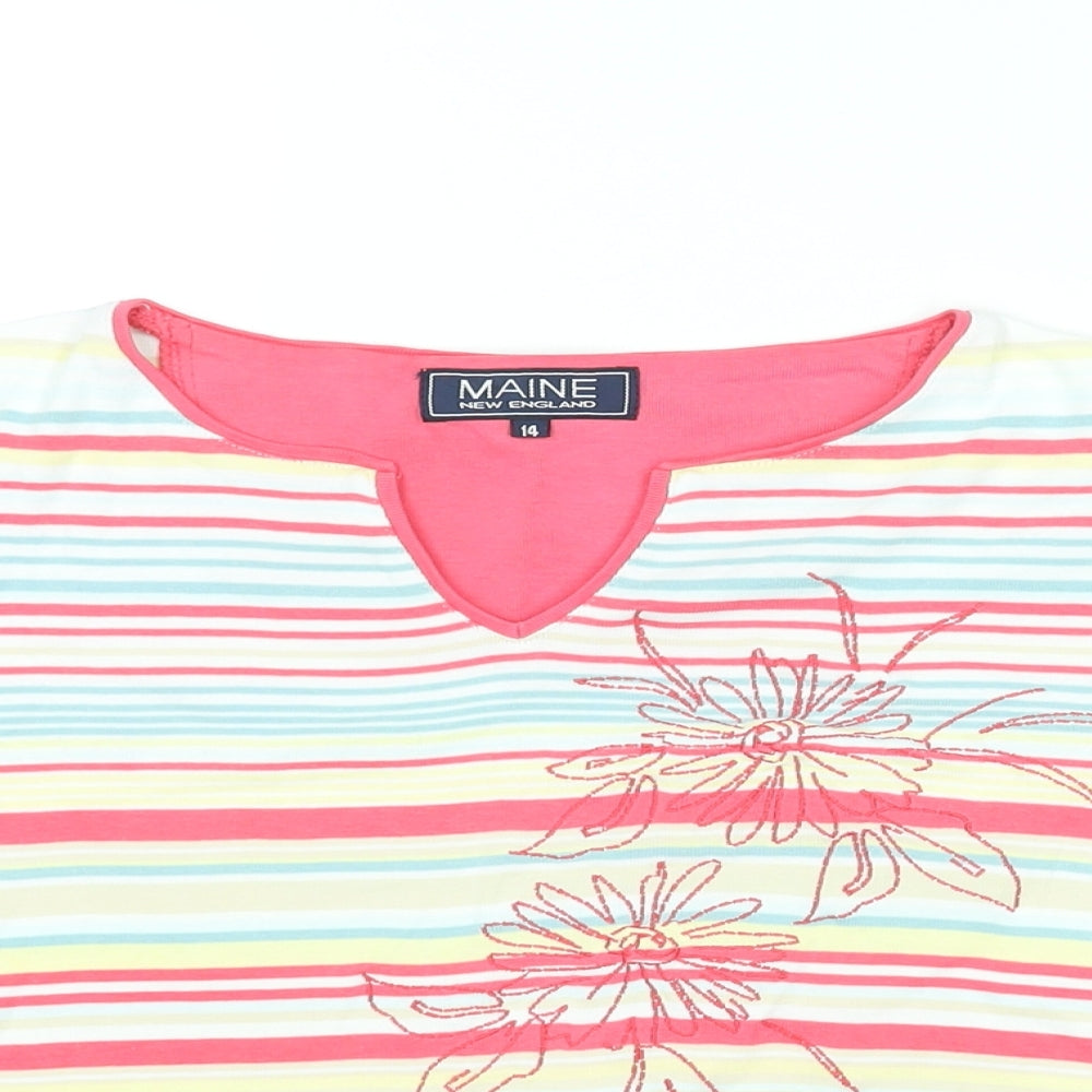 Maine Womens Multicoloured Striped Cotton Basic T-Shirt Size 14 Round Neck - Floral Embroidery