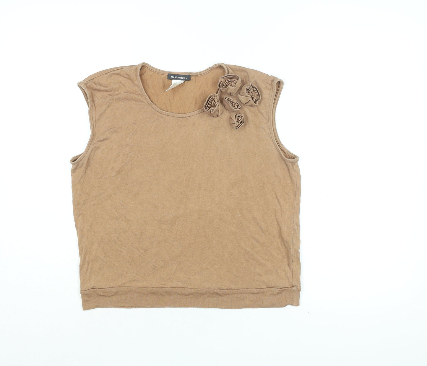References Womens Beige Cotton Basic T-Shirt Size 14 Round Neck - Rose Detail