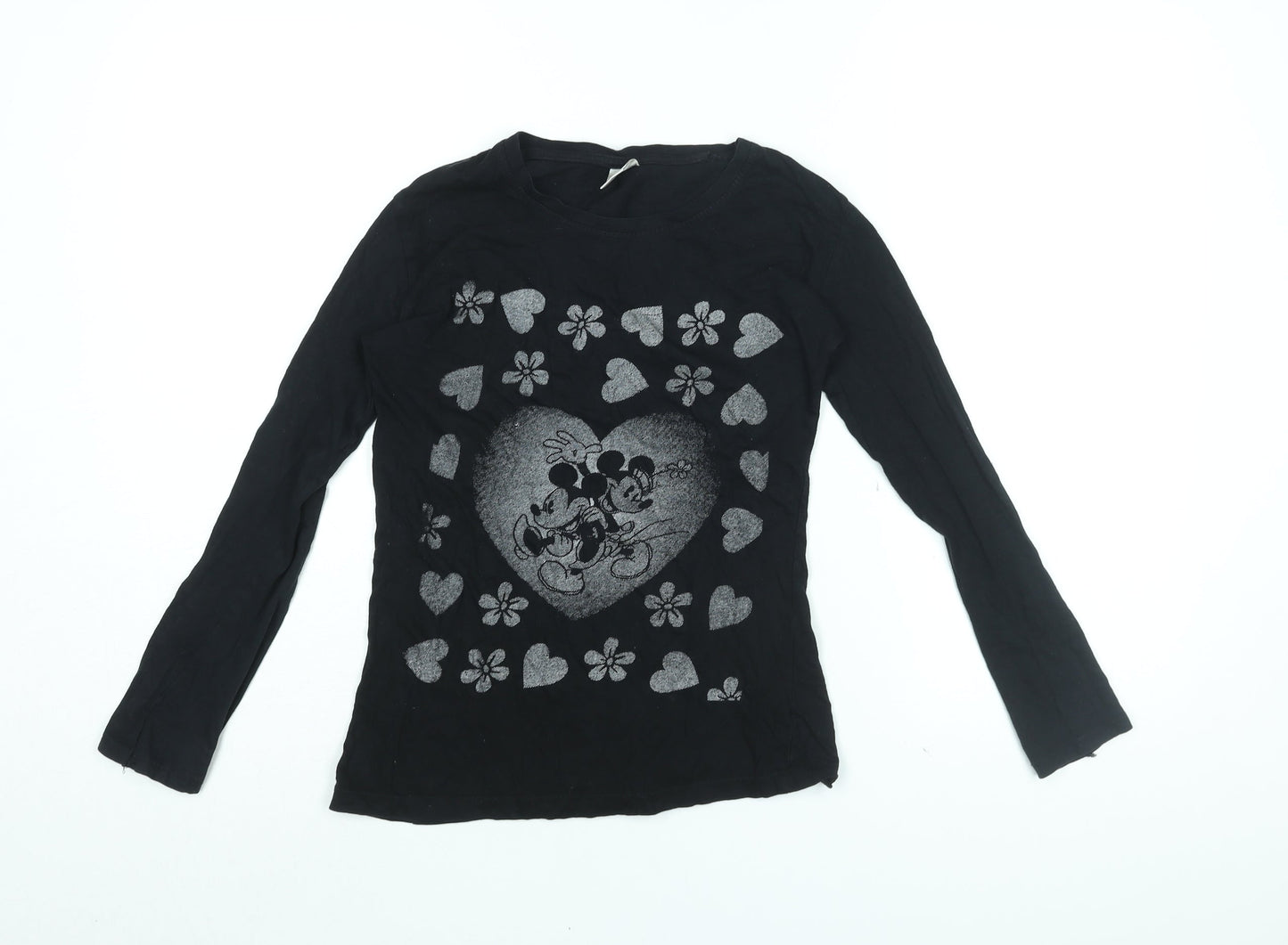 Disney Girls Blue Cotton Basic T-Shirt Size L Round Neck Pullover - Mickey Mouse, Heart Print