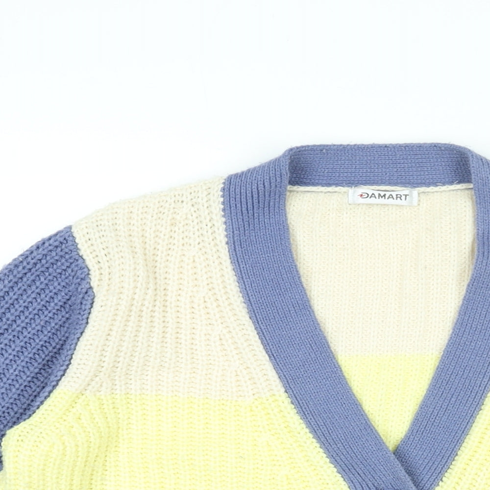 Damart Womens Blue V-Neck Striped Acrylic Cardigan Jumper Size 10