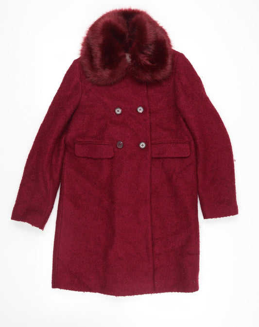 John Lewis Womens Red Pea Coat Coat Size 12 Button - Faux Fur Collar