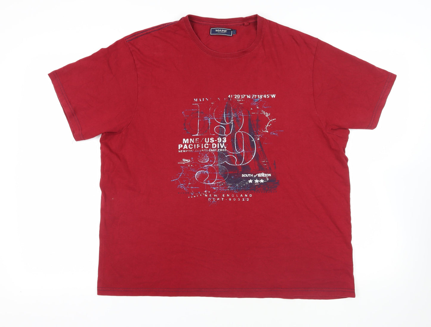 Maine New England Mens Red Cotton T-Shirt Size L Crew Neck - Logo