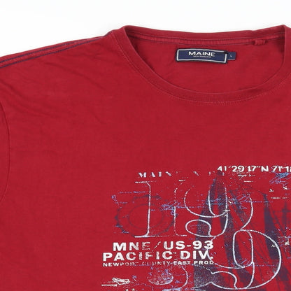 Maine New England Mens Red Cotton T-Shirt Size L Crew Neck - Logo