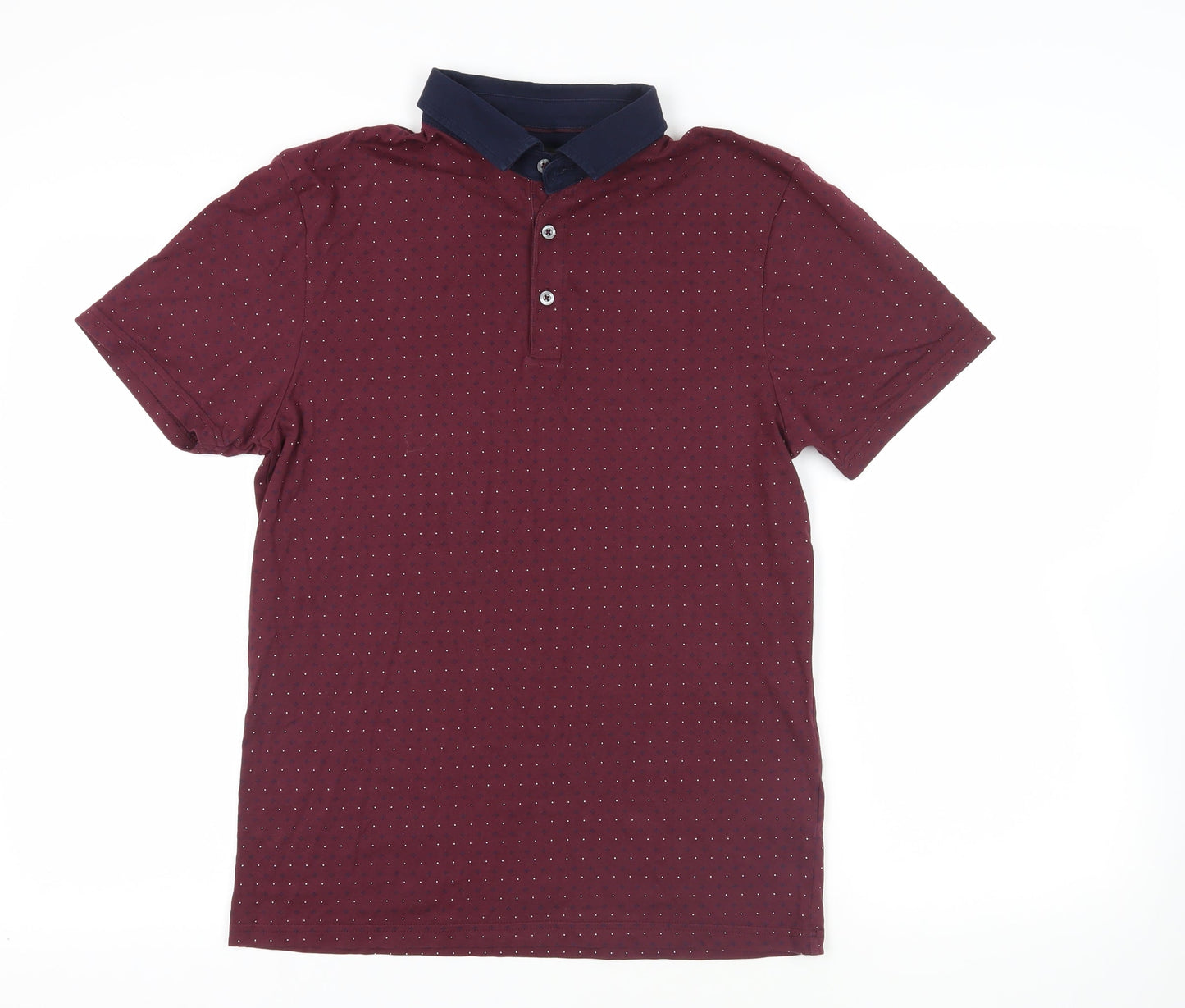 Marks and Spencer Mens Red Geometric Cotton Polo Size S Collared Button