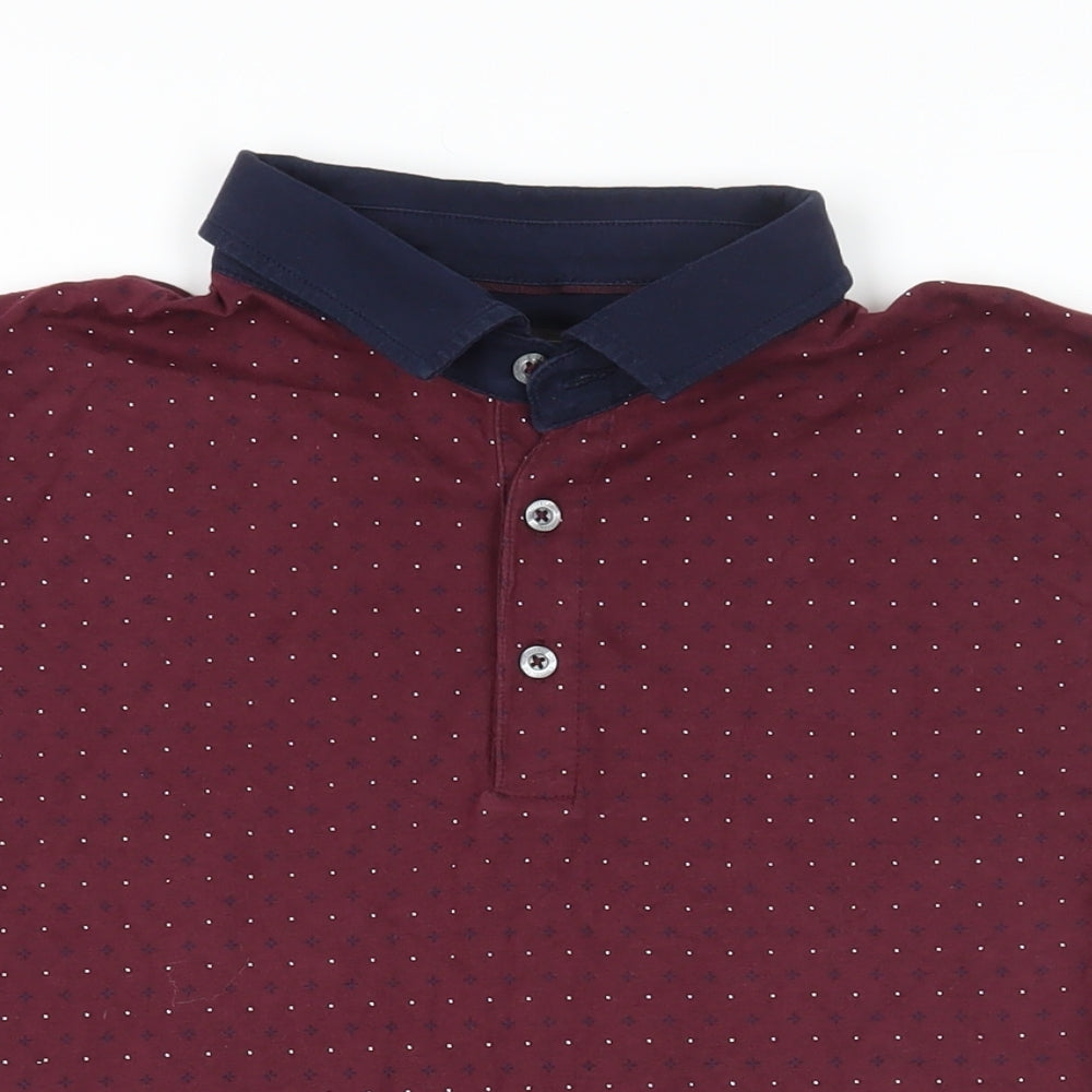 Marks and Spencer Mens Red Geometric Cotton Polo Size S Collared Button