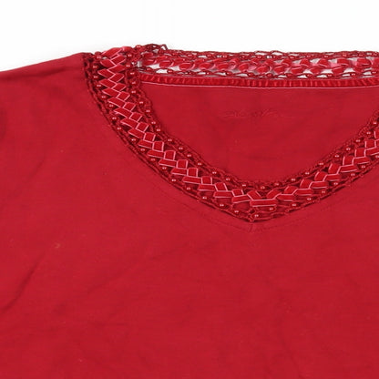 DASH Womens Red Cotton Basic Blouse Size 12 V-Neck - Beaded Neckline