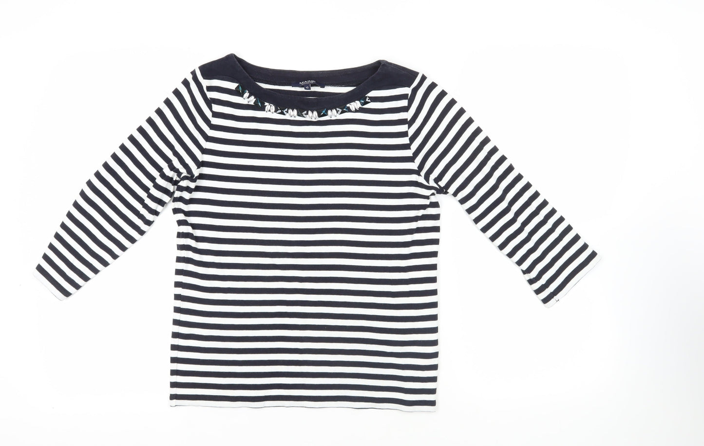 Maine New England Womens Blue Striped Cotton Basic T-Shirt Size 12 Boat Neck - Embellished Neckline