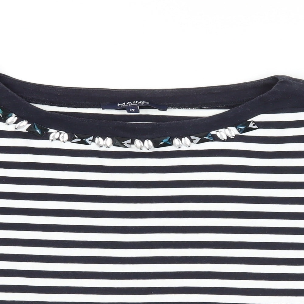 Maine New England Womens Blue Striped Cotton Basic T-Shirt Size 12 Boat Neck - Embellished Neckline