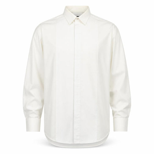 Front view of 1860 Menswear men’s white polyester dress shirt, size 15.5 collared button - collar 15.5''