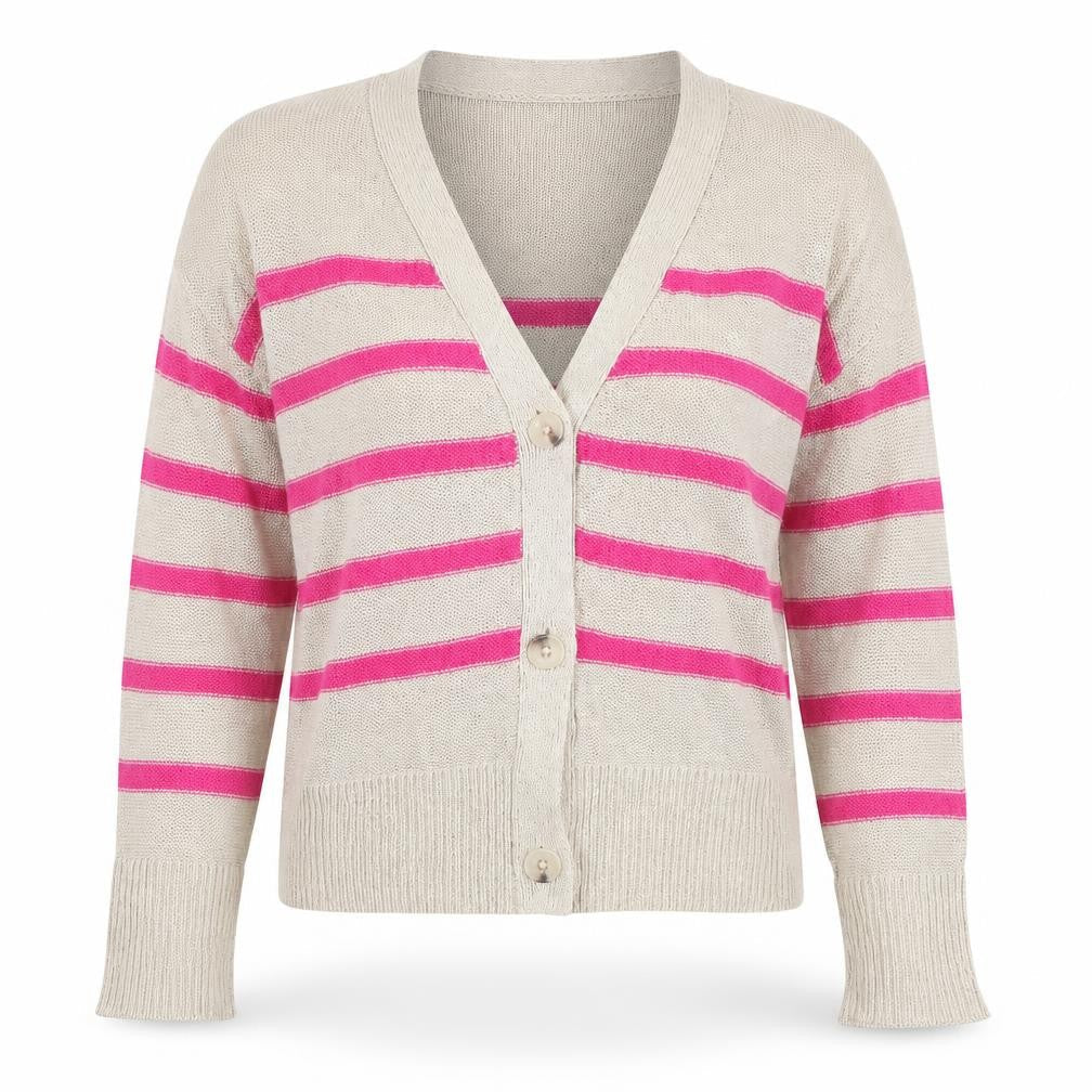 Front view of Oui women’s beige v-neck striped viscose cardigan jumper, size UK 6