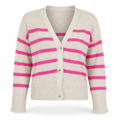 Front view of Oui women’s beige v-neck striped viscose cardigan jumper, size UK 6