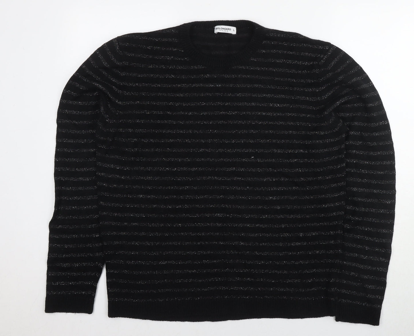 Bolongaro Trevor Womens Black Round Neck Striped Acrylic Pullover Jumper Size L - Glitter Detail