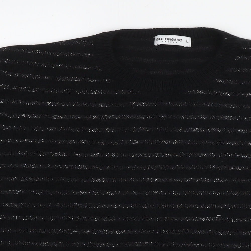 Bolongaro Trevor Womens Black Round Neck Striped Acrylic Pullover Jumper Size L - Glitter Detail