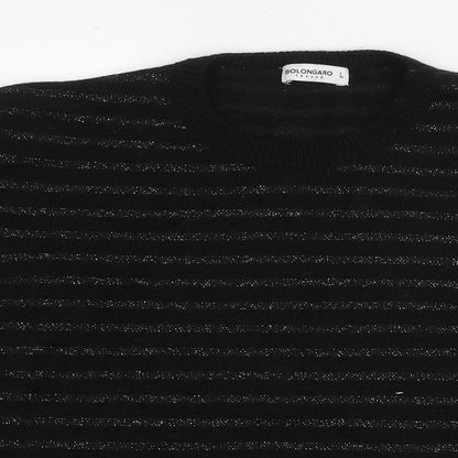 Bolongaro Trevor Womens Black Round Neck Striped Acrylic Pullover Jumper Size L - Glitter Detail