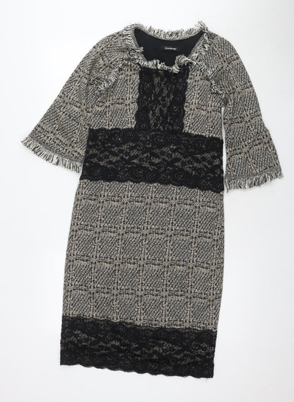 Kaleidoscope Womens Beige Geometric Acrylic Pencil Dress Size 10 Round Neck Zip