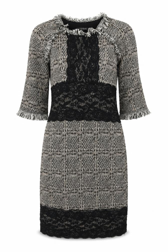 Front view of Kaleidoscope women’s beige geometric acrylic pencil dress, size UK 10, round neck zip