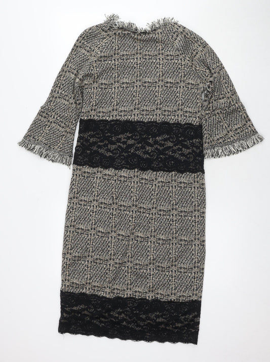 Kaleidoscope Womens Beige Geometric Acrylic Pencil Dress Size 10 Round Neck Zip