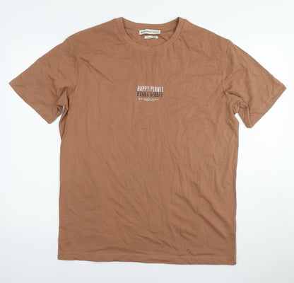 Garment Makers Mens Brown Cotton T-Shirt Size XL Round Neck - Happy Planet